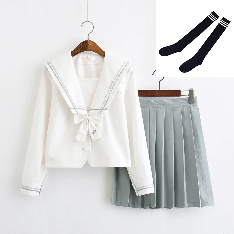 Long Set B and Socks Темные Ангелы, японская школьная форма Jk для девочек, с вышивкой, короткий рукав, для средней школы, для женщин, новинка, Матросская форма, косплей, XXL - Цвет: Long Set B and Socks