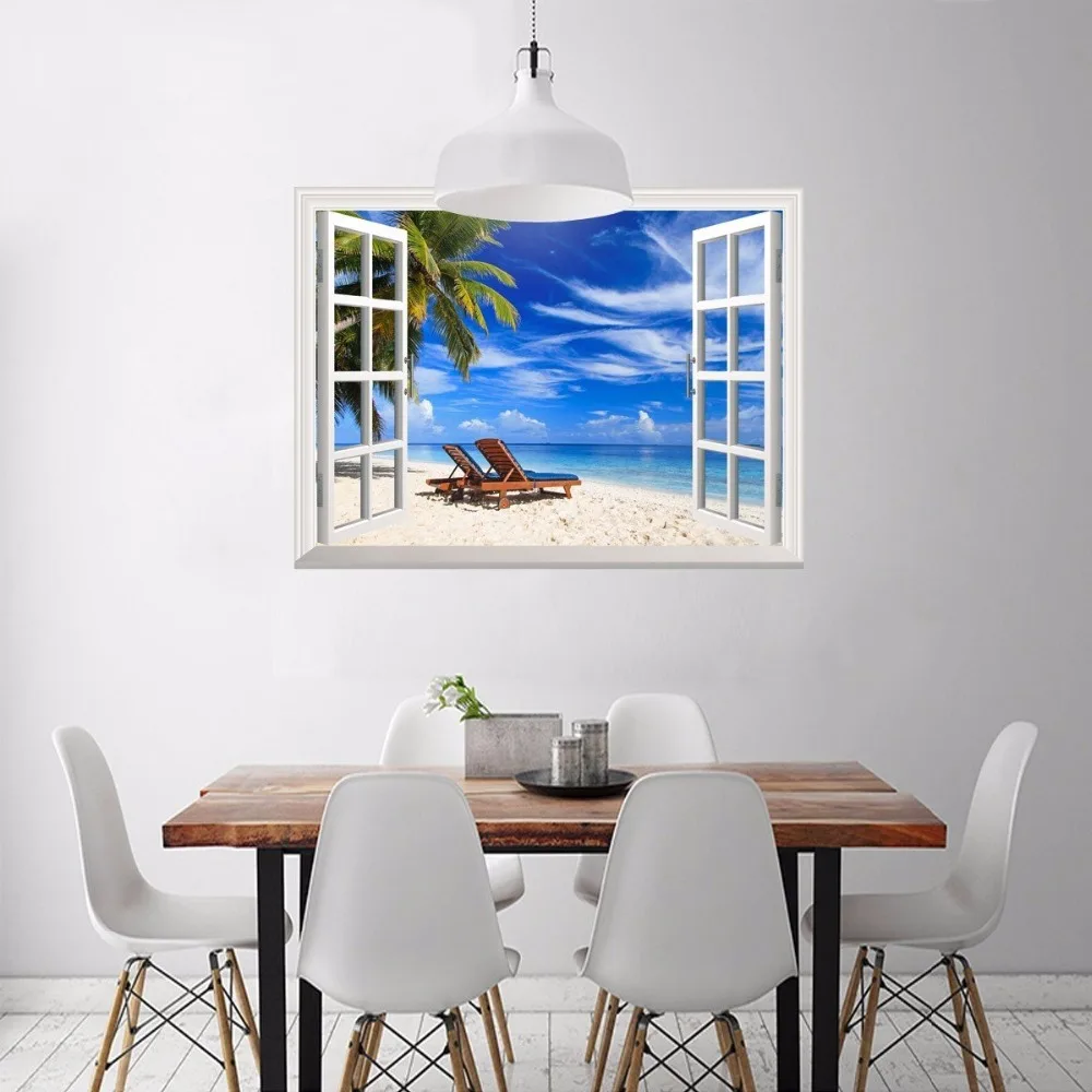 Виниловая наклейка на стену с эффектом 3D тропическим изображением пляжа