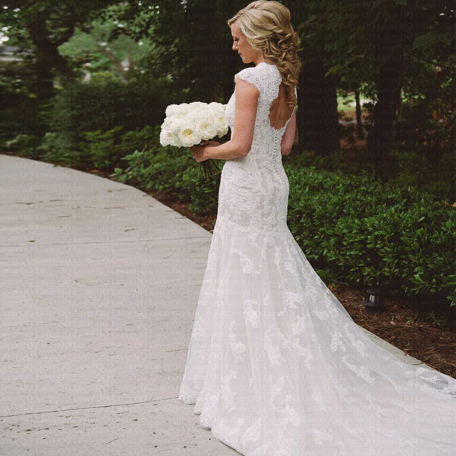 

Vestido de Noiva Vintage Country Wedding Dresses 2019 V Neck Cap Sleeve Lace Wedding Dresses Backless Bridal Wedding Gowns