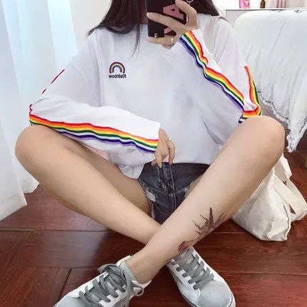 YouGeMan Осенняя Футболка женская одежда Корейский Ulzzang Harajuku Радужная полосатая футболка женская футболка с длинным рукавом Повседневный Базовый Топ