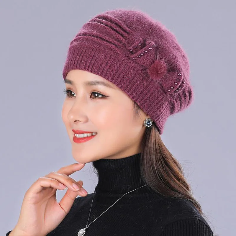 Purple hat SUOGRY новые женские вязаные шапки зимние утолщенные двухслойные повседневные Элегантные разноцветные шапки из кроличьей шерсти женские шапки - Цвет: Purple hat