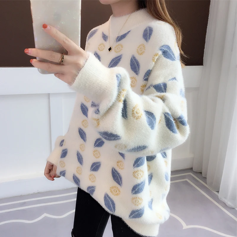 Lmitation норки кашемировый жаккард листьев половина высокий воротник пуловер