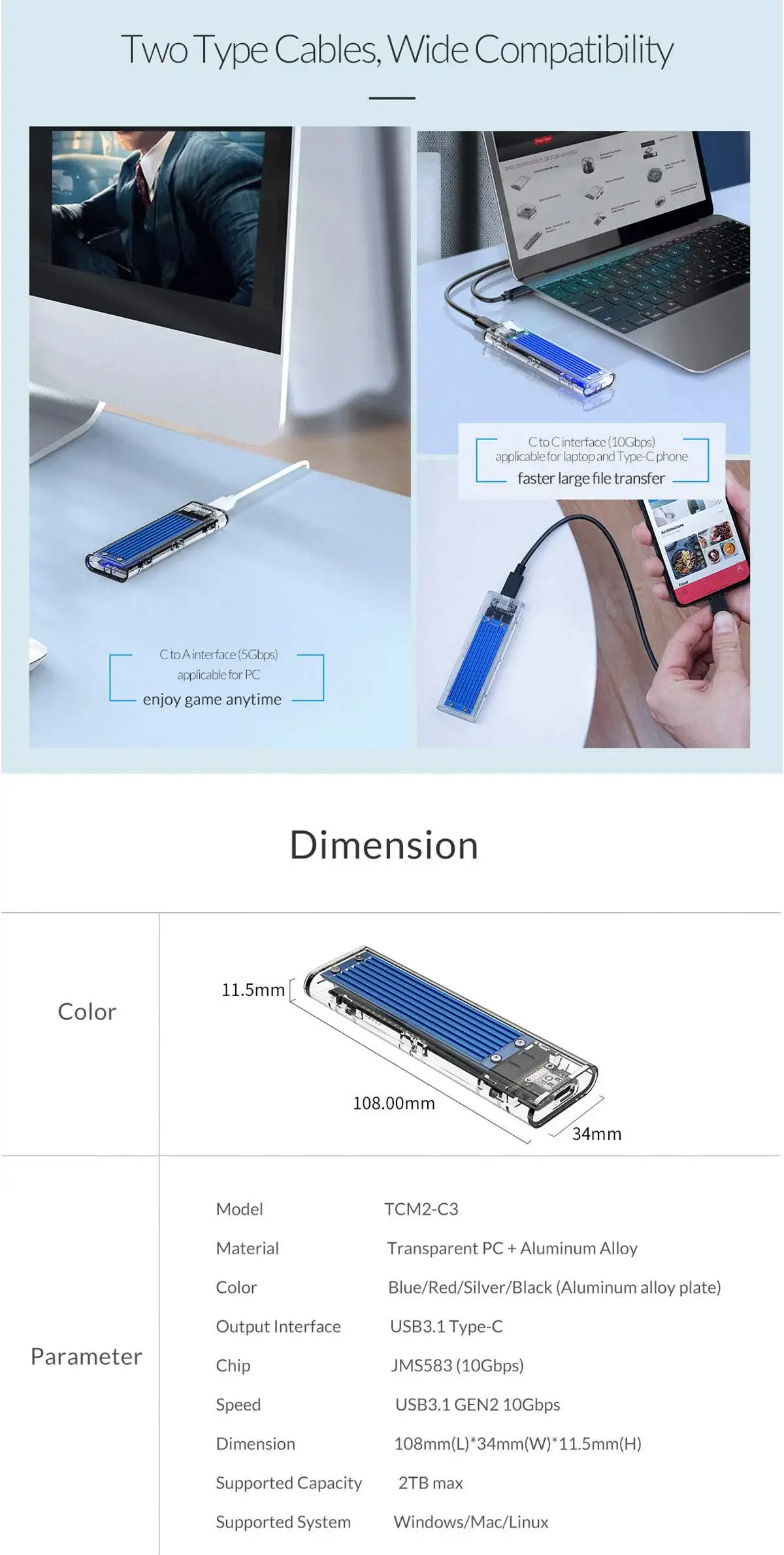 ORICO TCM2-C3 NVMe M.2 Transparent SSD HDD Enclosure 10Gbps USB3.1 Solid State Drive Enclosure Case Hard Drive Disk Base