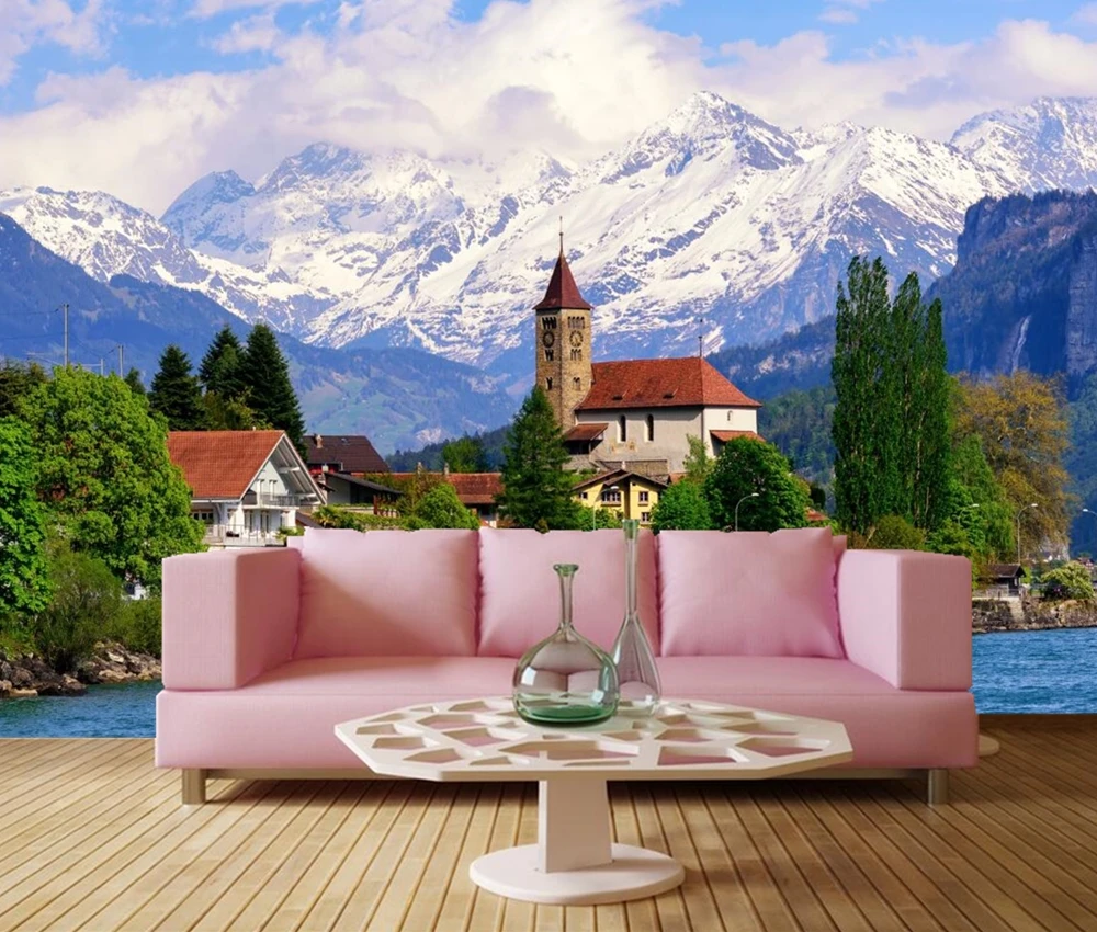 

Switzerland Lake Houses Mountains city Building wallpaper,living room TV background sofa wall bedroom restaurant bar 3d mural