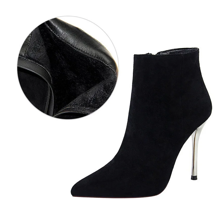 Black Short Plush Размеры 34-40; зимние женские ботинки черного цвета из флока; полусапожки с острым носком; Узкие женские ботинки на молнии; Модные женские ботильоны на высоком каблуке - Цвет: Black Short Plush