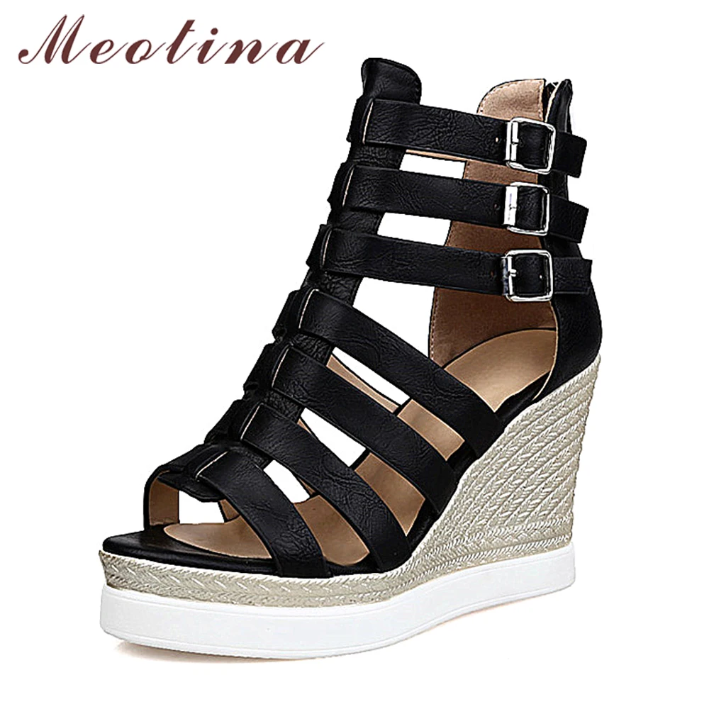 

Meotina Gladiator Shoes 2019 Women Shoes Platform Wedges High Heel Sandals Rome Ladies Wedge Heels Zip Black White Plus Size 10