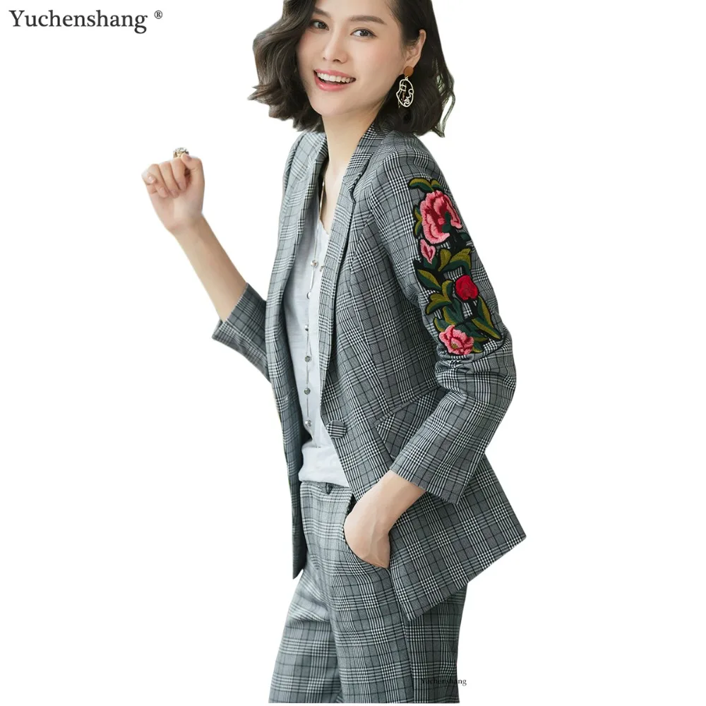 Китайский стиль для женщин брючный костюм цветок украшения комплект из 2