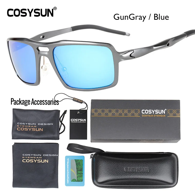 Blue lens Luxury PKG COSYSUN, брендовые поляризационные солнцезащитные очки для мужчин, для вождения, солнцезащитные очки, Полароид, фирменный дизайн, мужские солнцезащитные очки, Gafas de sol masculino 9612 - Цвет линз: Blue lens Luxury PKG