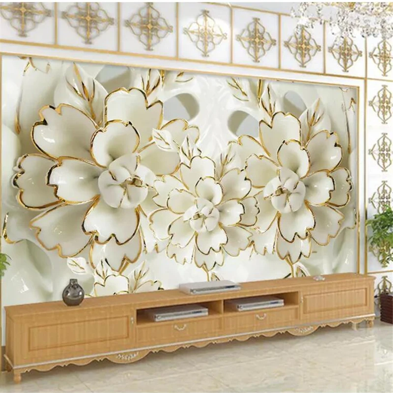 

beibehang Custom wallpaper 3d flower open rich white porcelain gold embossed 5d background wall papers home decor 8d wallpaper