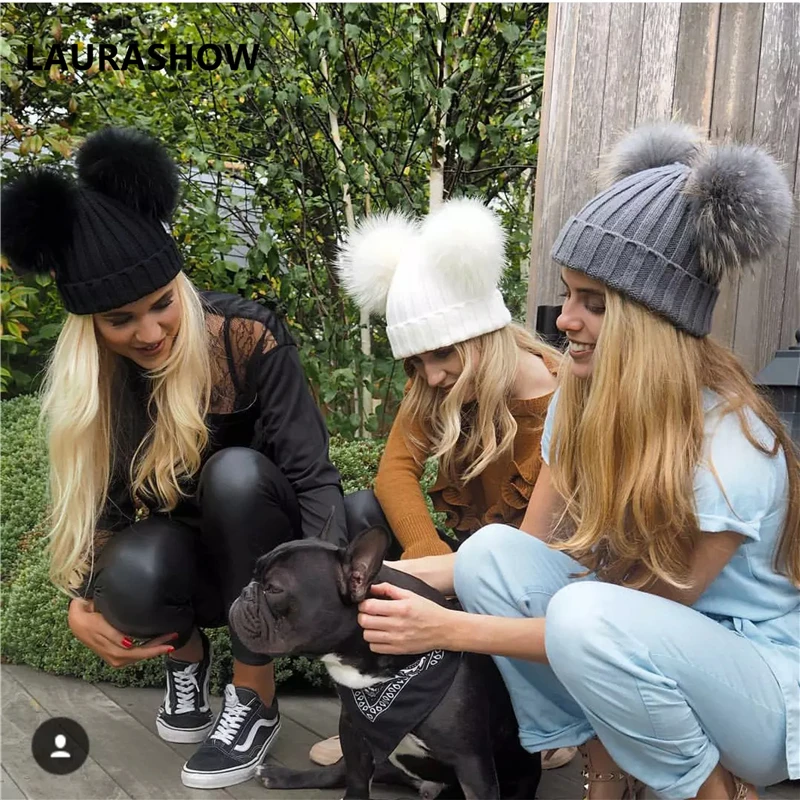 LAURASHOW, зимняя брендовая шапка для взрослых, 16 см, двойная, натуральный мех, помпон, шапка для женщин, шапка, вязаная шапка, шапка, Skullies, женские шапочки