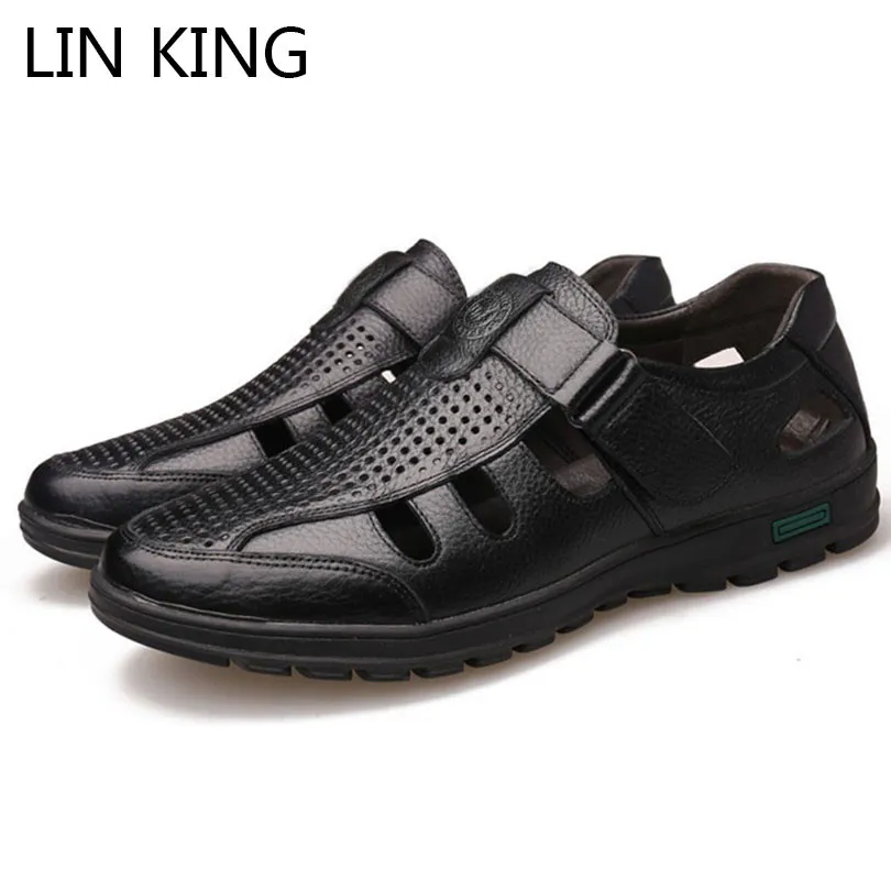 LIN KING Plus Size Fashion Genuine Leather Hollow Out Men Sandals Summer Casual Shoes Breathable Outdoor Man Sandals Beach Shoes