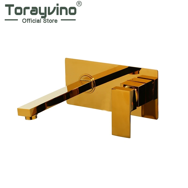

Bathroom Basin Sink Faucet Golden Finish Wall Mounted Square Solid Brass Mixer Tap With Embedded Box In Wall Easy To Install