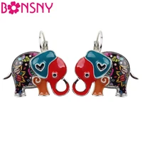bonsny enamel colorful jungle elephant earrings stud drop french clip dangle alloy fashion animal jewelry for girls women ladies