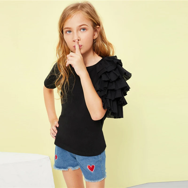 SHEIN/черная Повседневная футболка с многослойными рукавами и оборками для девочек; топы для девочек; коллекция года; сезон весна; модные элегантные футболки с короткими рукавами; футболка для девочек