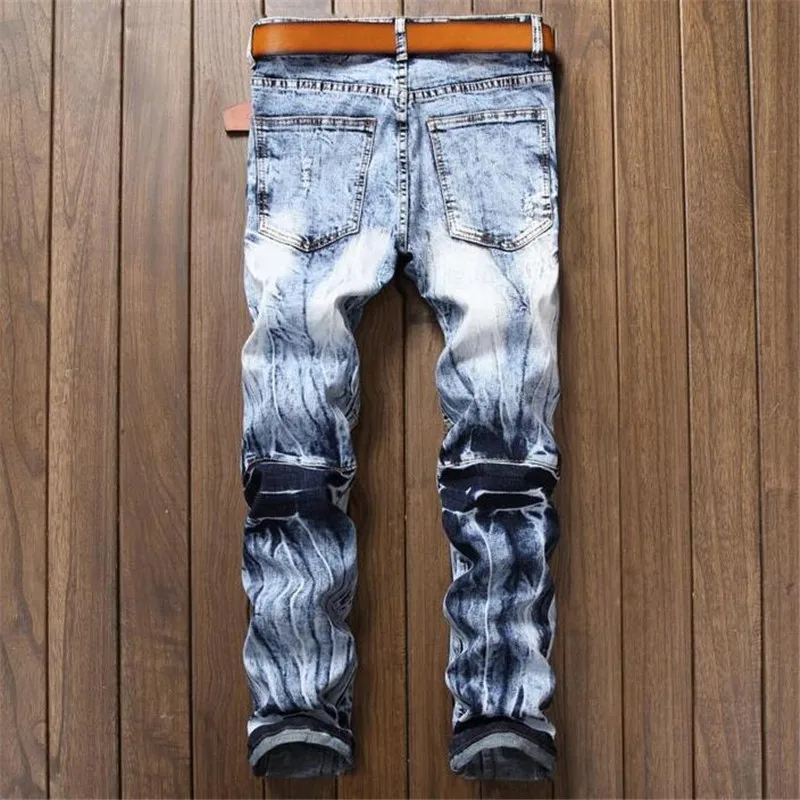 New fashion clothing designer pants destroyed mens slim denim straight biker skinny jeans men ripped Male Boys | Мужская одежда