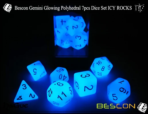 Bescon Близнецы светящиеся многогранные Dice 7 шт набор ледяной ROCKS, RPG Набор кубиков d4 d6 d8 d10 d12 d20 d%, коробка в форме лего-блока упаковки