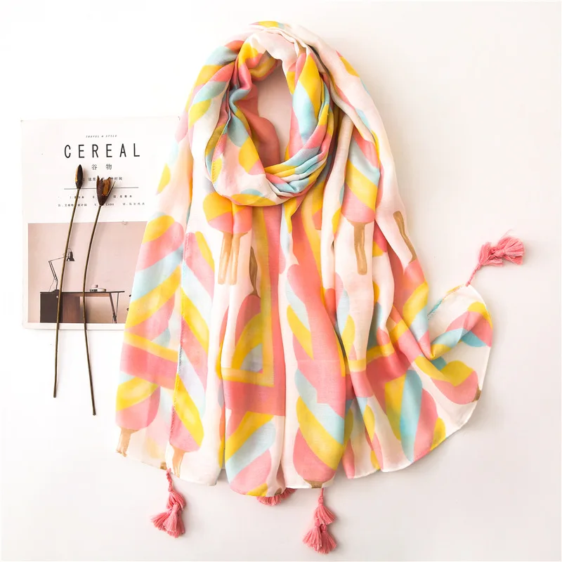 

2019 New Ice Cream Print Tassel Scarf Shawls Women Long Cotton Candy Print Wrap Hijab Muffler Wholesale 10pcs/LOT Free Shipping