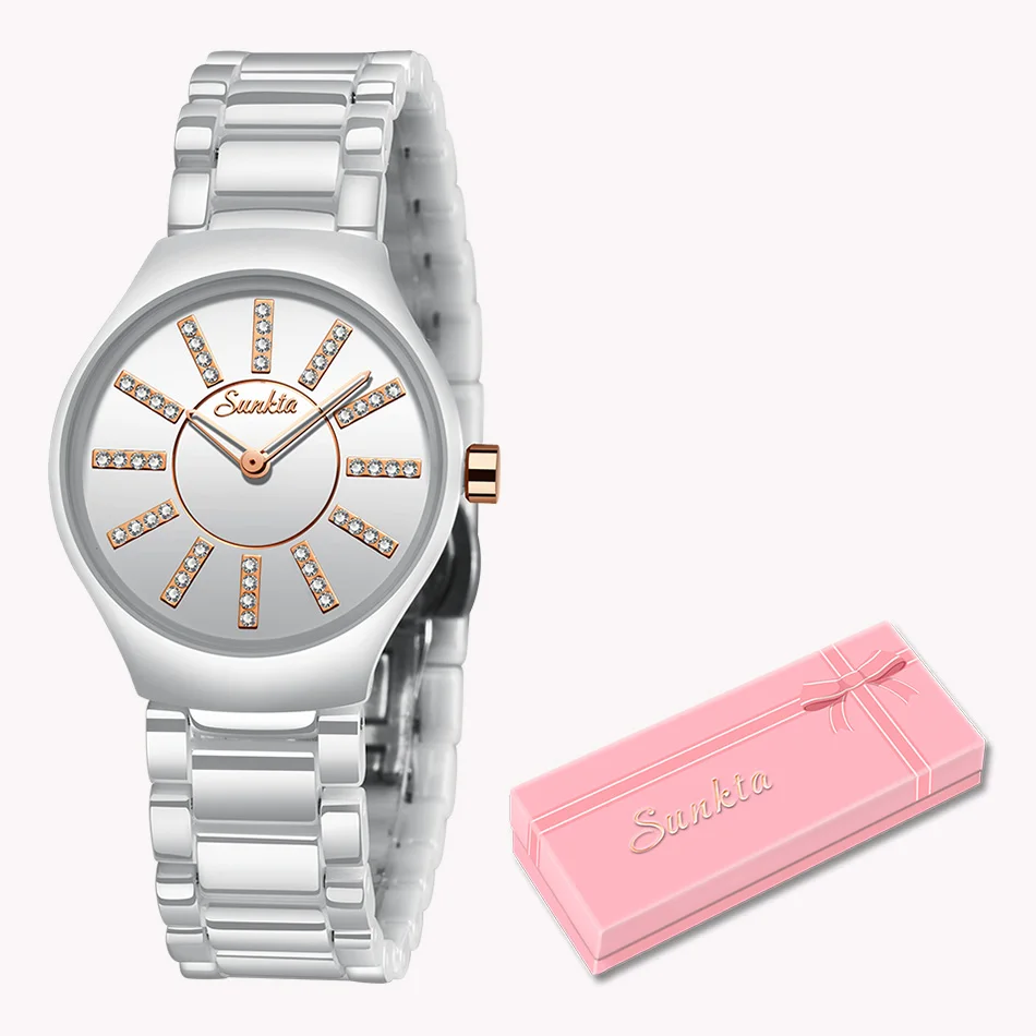 White rose gold SUNKTA Топ Роскошные часы женские креативные женские часы с керамическим браслетом женские часы Relogio Feminino Montre Femme - Цвет: White rose gold