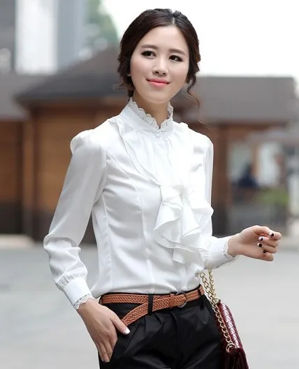 2018 г. Новая Женская высокая шея оборками женщин Винтаж викторианской Блузка