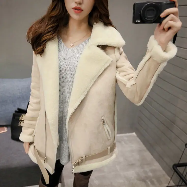 beige Зимнее женское мотоциклетное пальто из искусственной овечьей шерсти для женщин размера плюс, Свободное пальто из искусственной замши, кожаные куртки бежевого цвета H168 - Цвет: beige