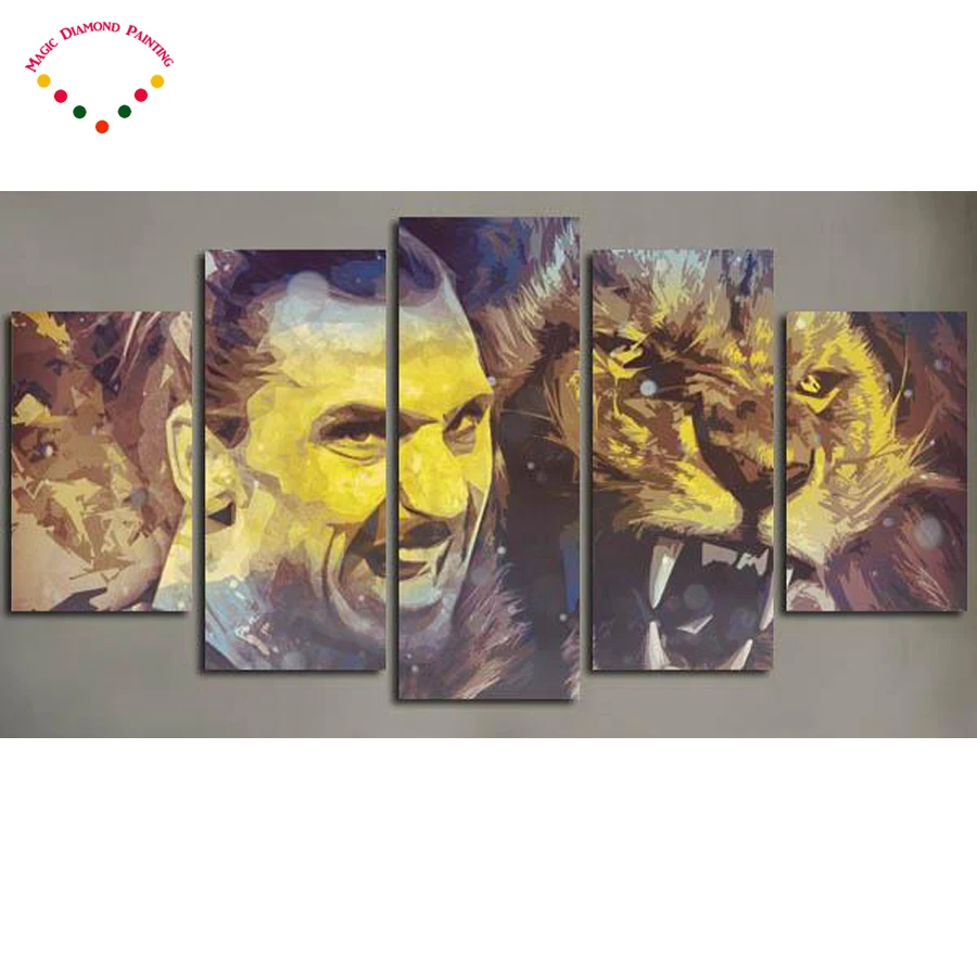 

DIY diamond painting 5 Panel Zlatan Ibrahimovic And Lion cross stitch rhinestones round Full drill diamond embroidery