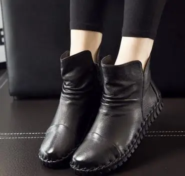 Ботинки женские короткие из натуральной кожи с бархатной подкладкой|flat boots|women snow