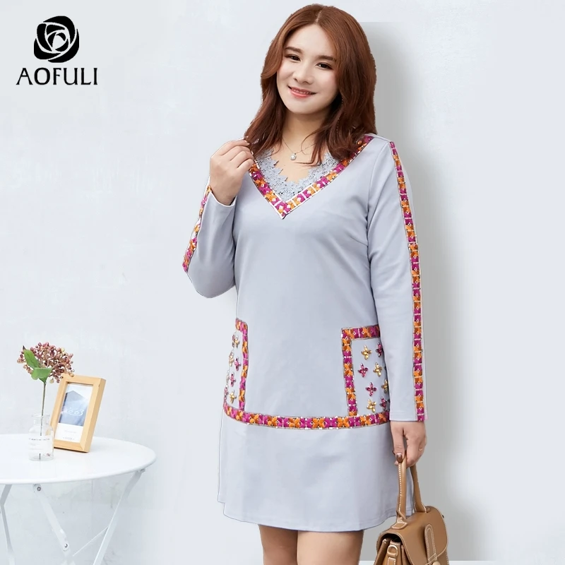 Женское платье с длинным рукавом AOFULI A2411 большие размеры L ~ 4xl 5xl|Женские платья| |