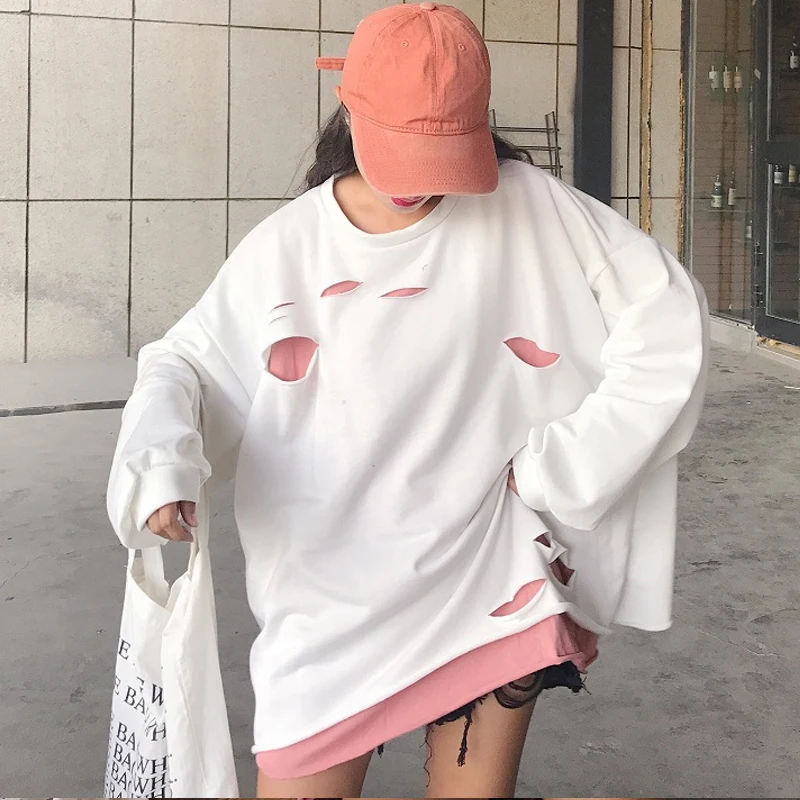Harajuku Толстовка Женская Поддельные два Весна плюс жир XL отверстие хит цвет
