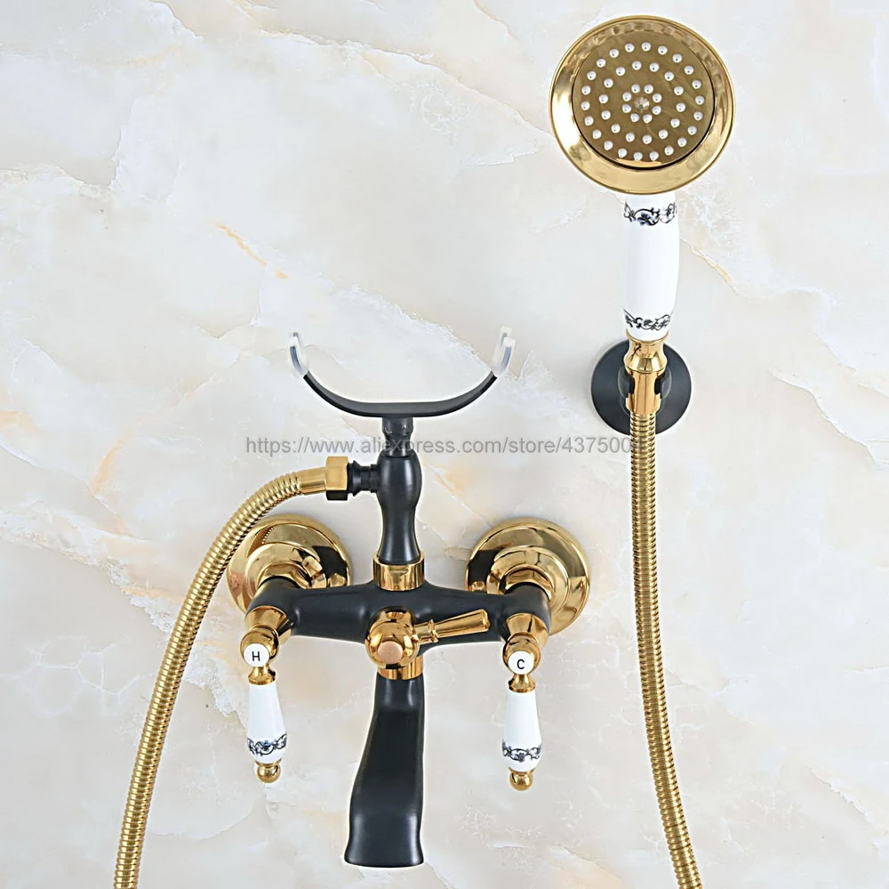 Bathtub Faucets Black Gold Brass Shower Dual Handle Wall Mounted Bath And Faucet With Handheld Showers Ntf06 | Обустройство дома
