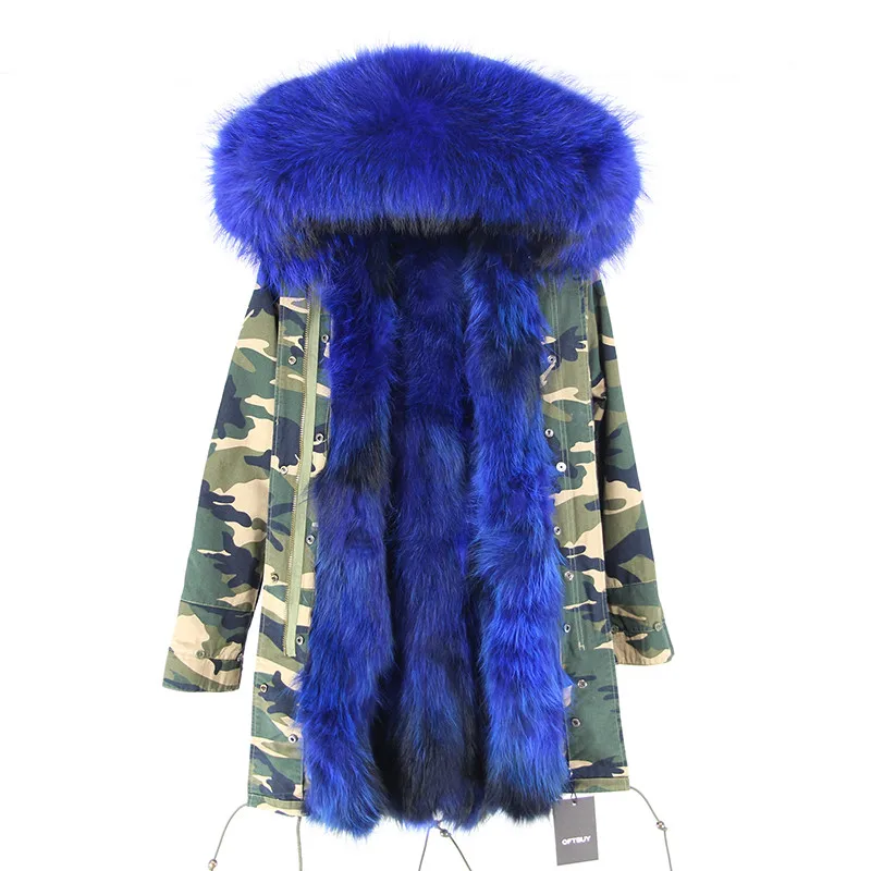 Camouflage blue OFTBUY, Длинная зимняя куртка, женская верхняя одежда, толстые парки, енот, натуральный мех, воротник, пальто с капюшоном, настоящая теплая подкладка из лисьего меха - Цвет: Camouflage blue
