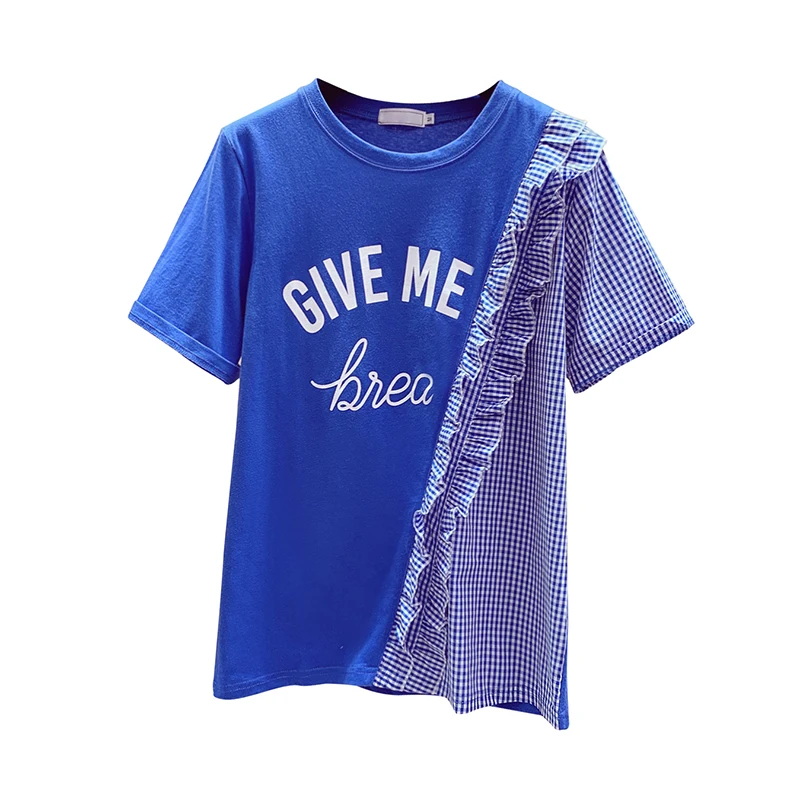 

MUMUZI 2021 Summer Tops Women plaid ruffles t shirt camisetas mujer Fashion Ladies O-neck Short Sleeve tops blue high quality