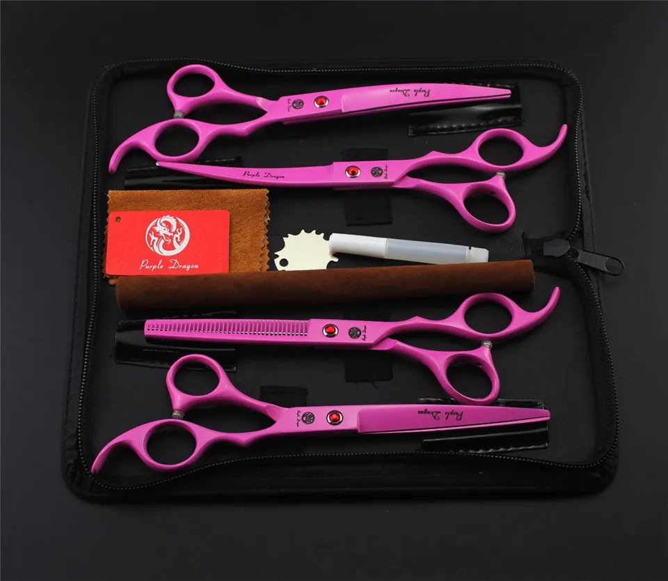 Professional Pet Grooming Scissors Sets 7.0 inch Pink Straight &amp Thinning Curved High Quality Shears 4pcs Set |