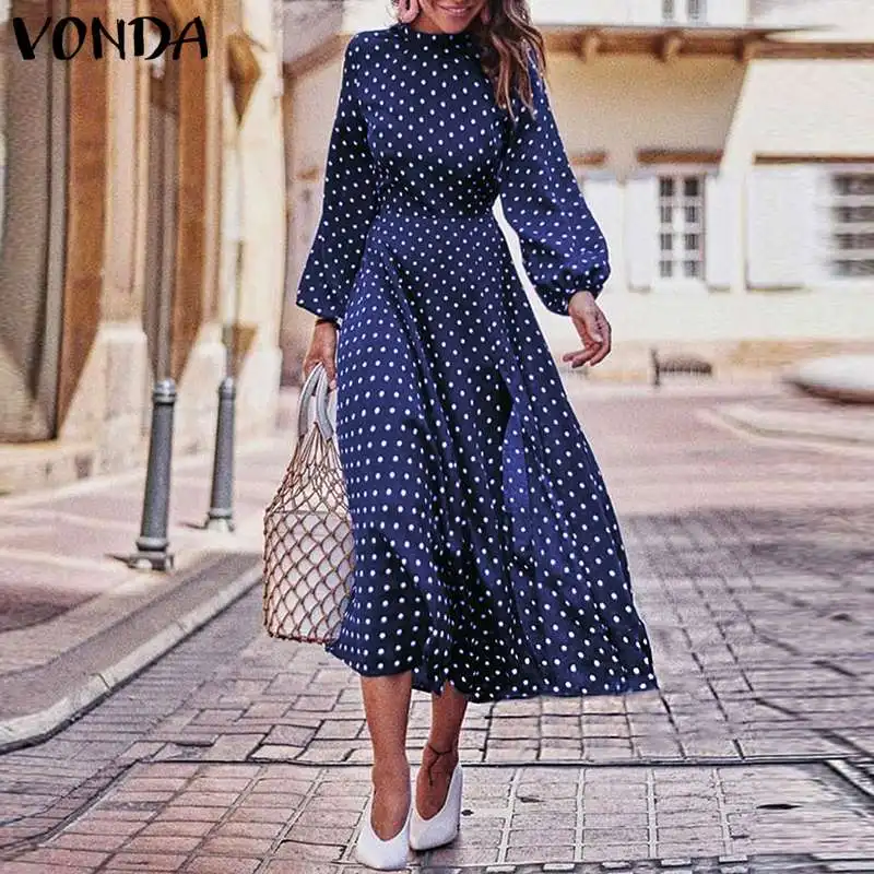 VONDA богемные платья осеннее женское винтажное платье в горошек с длинным рукавом и круглым вырезом повседневное свободное платье миди размера плюс Сарафан