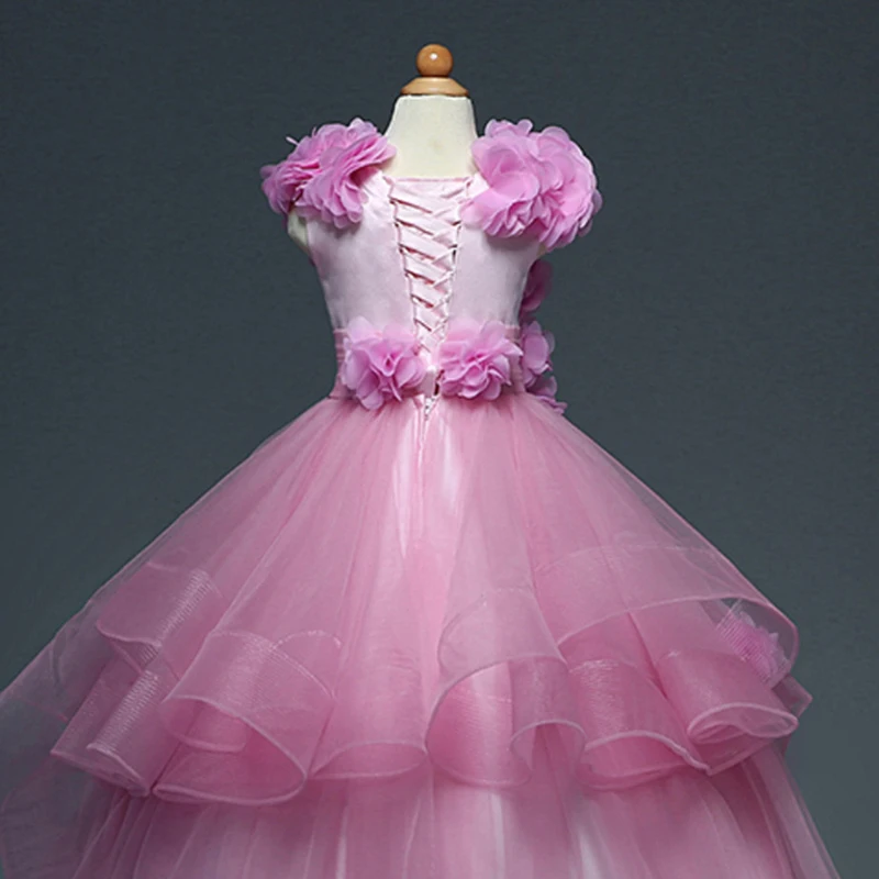 

New Hot Light Pink Flower Girl Dress Ball Gown Sleeveless Ankle Length Flowers Lace Up O-Neck First Communion Dresses for Girls