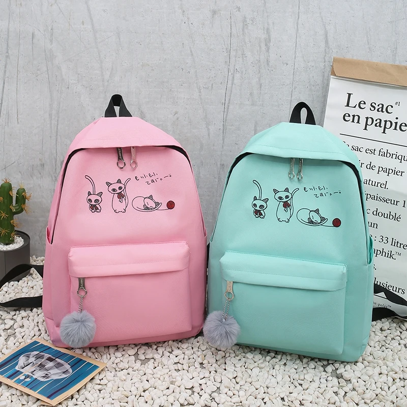 4Pcs/Set Travel Casual Oxford Letter Backpack Preppy Style Cute School Bags For Teenage Girls Women Cat Book Bag Rucksack Dame