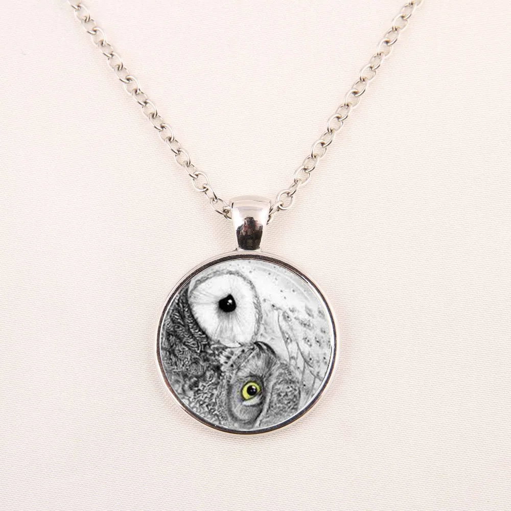 Новые горячие стеклянные купольные украшения Инь Ян Сова Ожерелье Птица