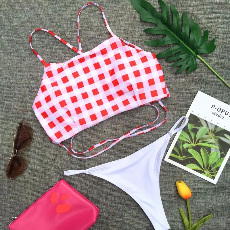 2018 Новый плед печатных бикини металлическое кольцо Купальники женские