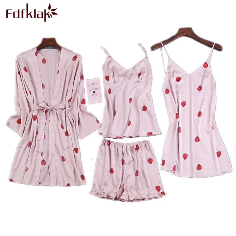 4 Pieces pajamas for women sleepwear set print silk satin pyjama femme spring autumn home clothes summer pijama suit | Женская одежда