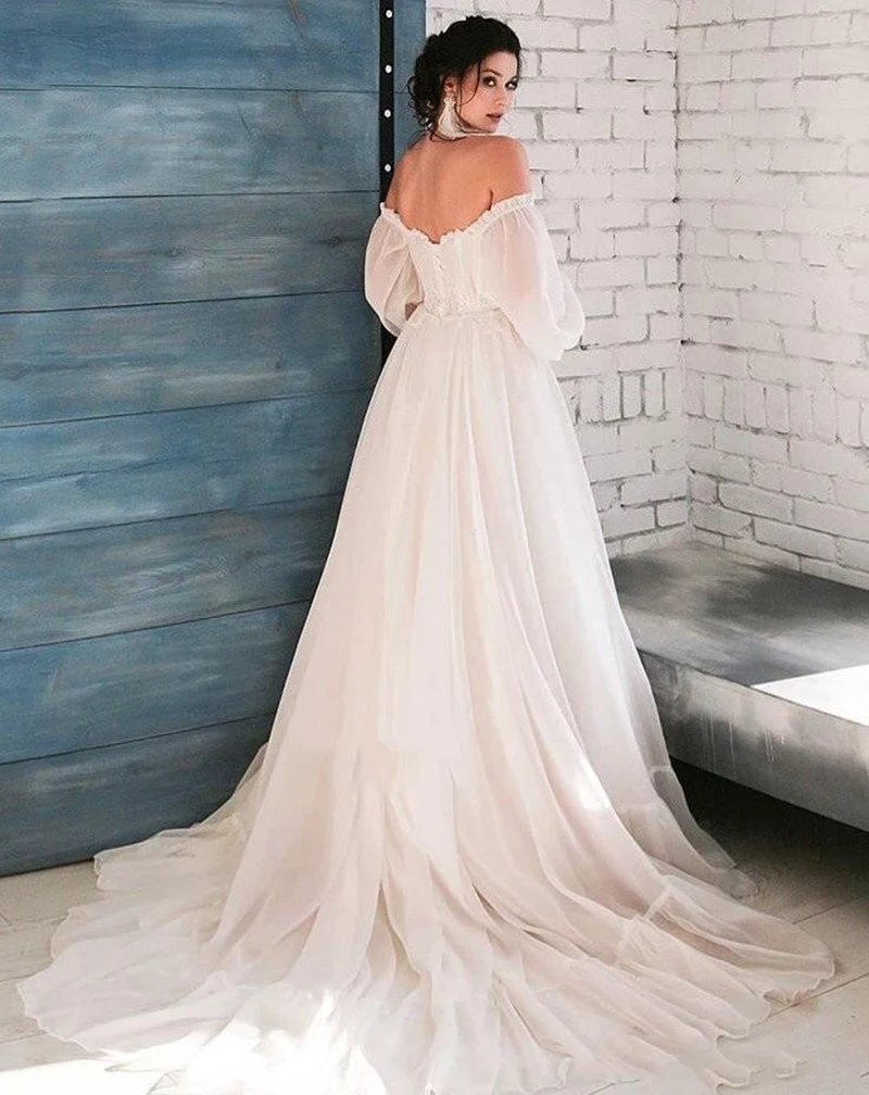 

Boho Ivory Wedding Dress A-Line Appliques Puff Sleeves Bride Dress White Lace Top Wedding Gown Free Shipping