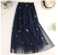 summer skirt 2022 women tulle pleated long embroidery mori girl sweet leaf embroidered mesh skirt