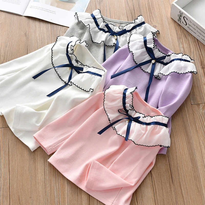 Хлопковые топы с кружевом и длинным рукавом для новорожденных девочек футболки