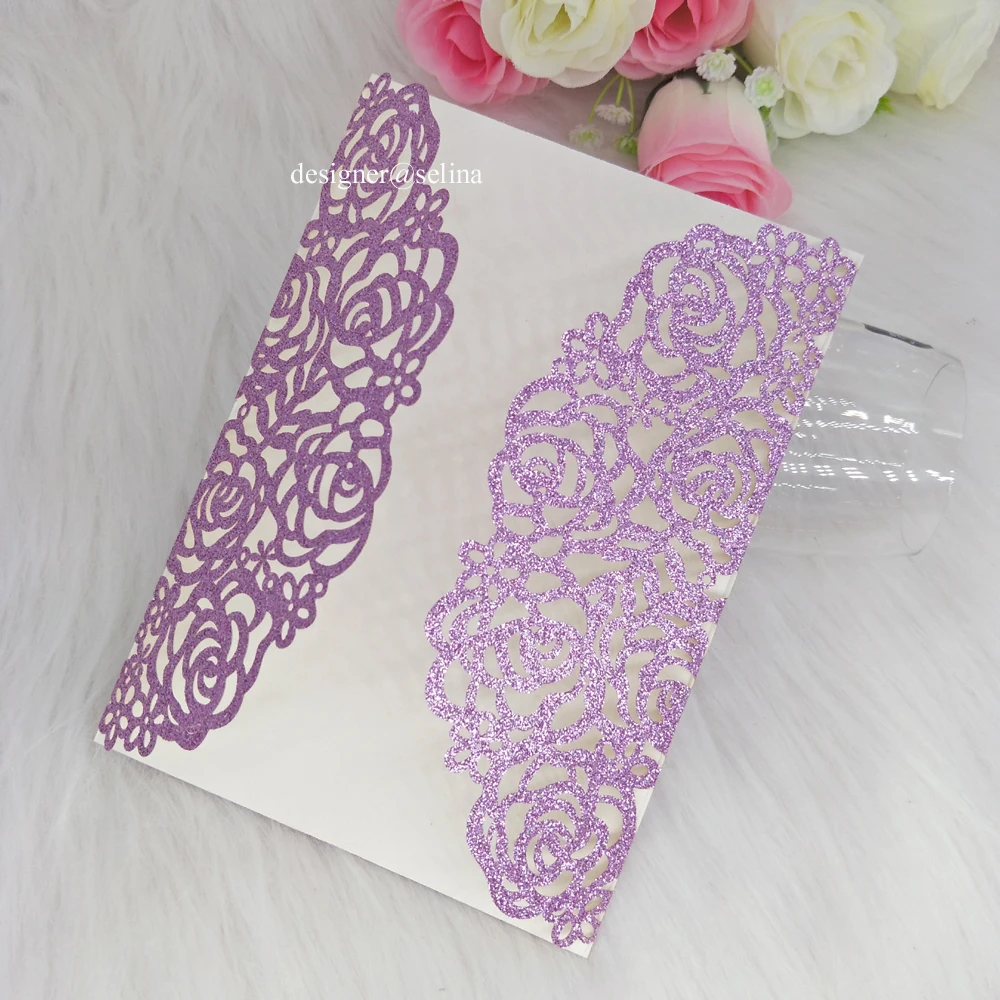 50 шт. роскошный фиолетовый блеск Лазерная резка свадебные пригласительные