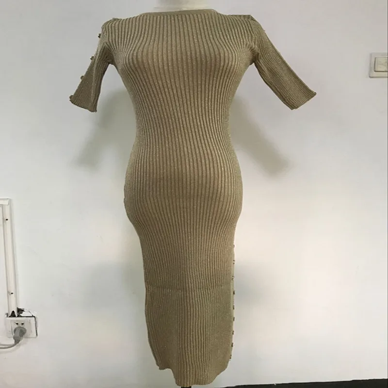 2017 Women Sexy Sparkling Half Sleeve Knitting Dresses Fashion Woman Side Splits Buttons Maxi Dress Vestidos | Женская одежда