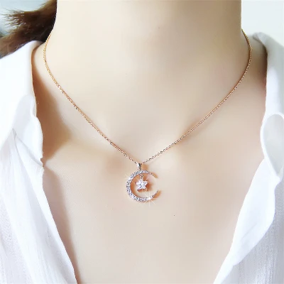 Rose Gold Color JZTOP, ожерелье из циркона с Луной и звездой, Геометрическая цепочка, подвеска, колье, женское, изысканное, для банкета, вечерние, колье, ювелирное изделие, подарок - Окраска металла: Rose Gold Color