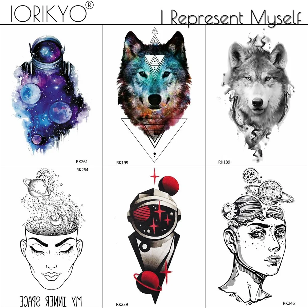 

IORIKYO Flash Galaxy Robot Temporary Tattoo Women Body Art Wolf Waterproof Tatoos Thinker Planet Arm Geometric Tattoo Stickers