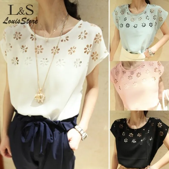 Новый 2014 Женская Мода Лето Элегантный майка Цветы Полые Свободные Batwing Рукавом О