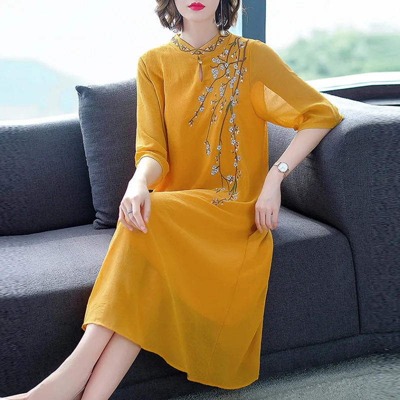 Летнее китайское традиционное платье Cheongsam в стиле ретро с вышивкой 2019 | Женская
