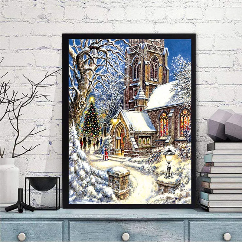 Алмазная вышивка 5D DIY "Рождественская Снежная церковь", алмазная вышивка, вышивка крестиком, стразы, мозаичная картина