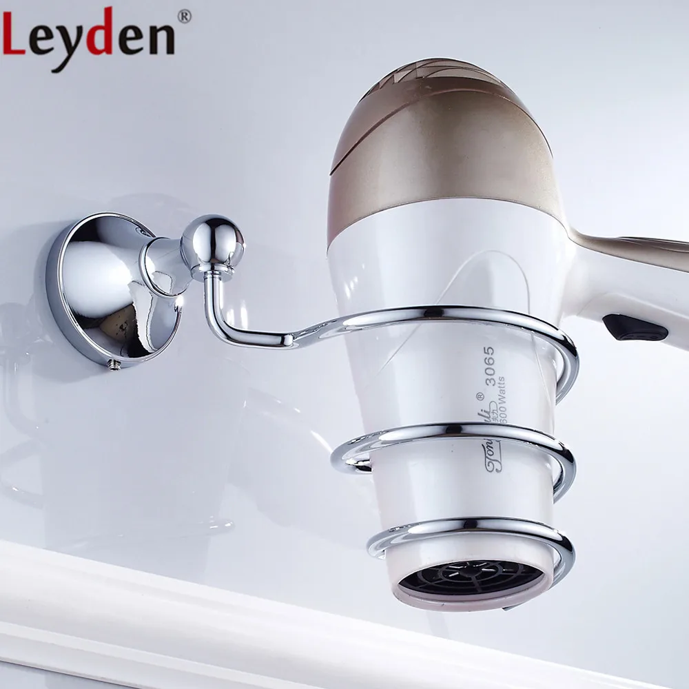 

Leyden Wall Mounted Single Tier Brass Chrome Hair Dryer Holder Silver Hair Dryer Rack Bathroom Shelves For Bathroom Accessories