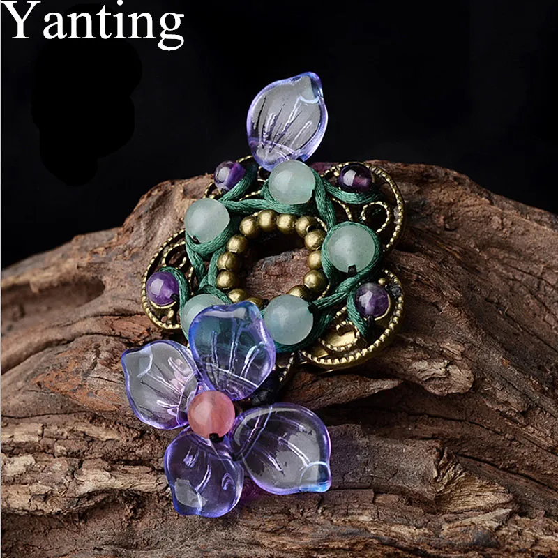 Yanting, этническая брошь с фиолетовым кристаллом, глазированное стекло, броши в виде цветка, булавки, авантюрин, ручная работа, Женская Брошь, вечерние ювелирные изделия, подарок